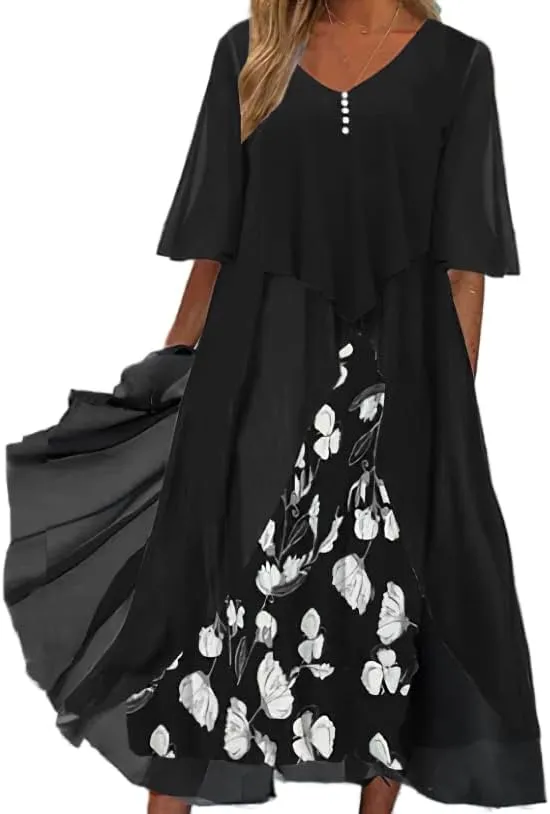 Women's Plus Size Elegant Flowy Chiffon Floral Maxi Dress V Neck Cocktail Party Wedding Guest Dresses