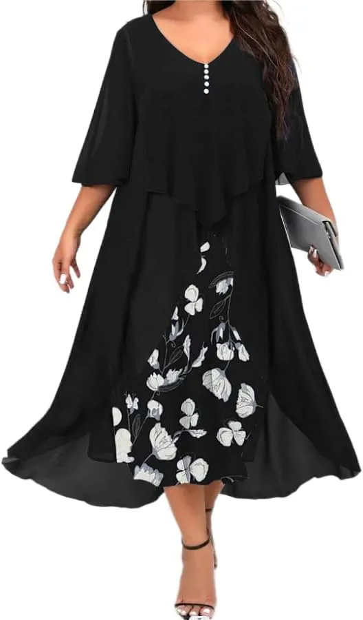 Women's Plus Size Elegant Flowy Chiffon Floral Maxi Dress V Neck Cocktail Party Wedding Guest Dresses
