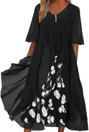 Women's Plus Size Elegant Flowy Chiffon Floral Maxi Dress V Neck Cocktail Party Wedding Guest Dresses