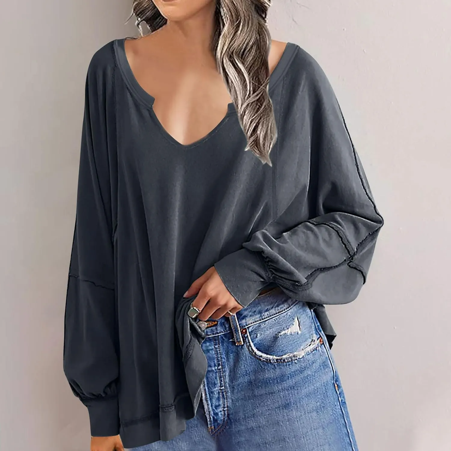 Womens Plus Size Tops Elegant Sexy Long Sleeve V Neck Causal Shirts Fashion Solid Asymmetrical Hem Blouse Spring Tops