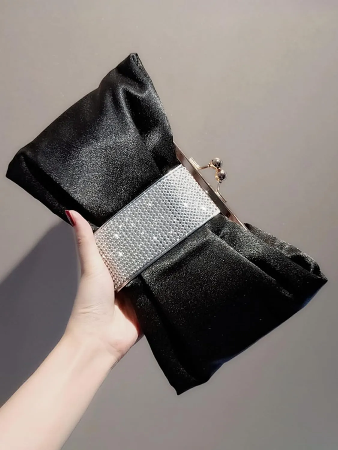 Women's Rhinestone Evening Bag Satin Bow Purse Glitter Clutch Crystal Party Handbag with Chain