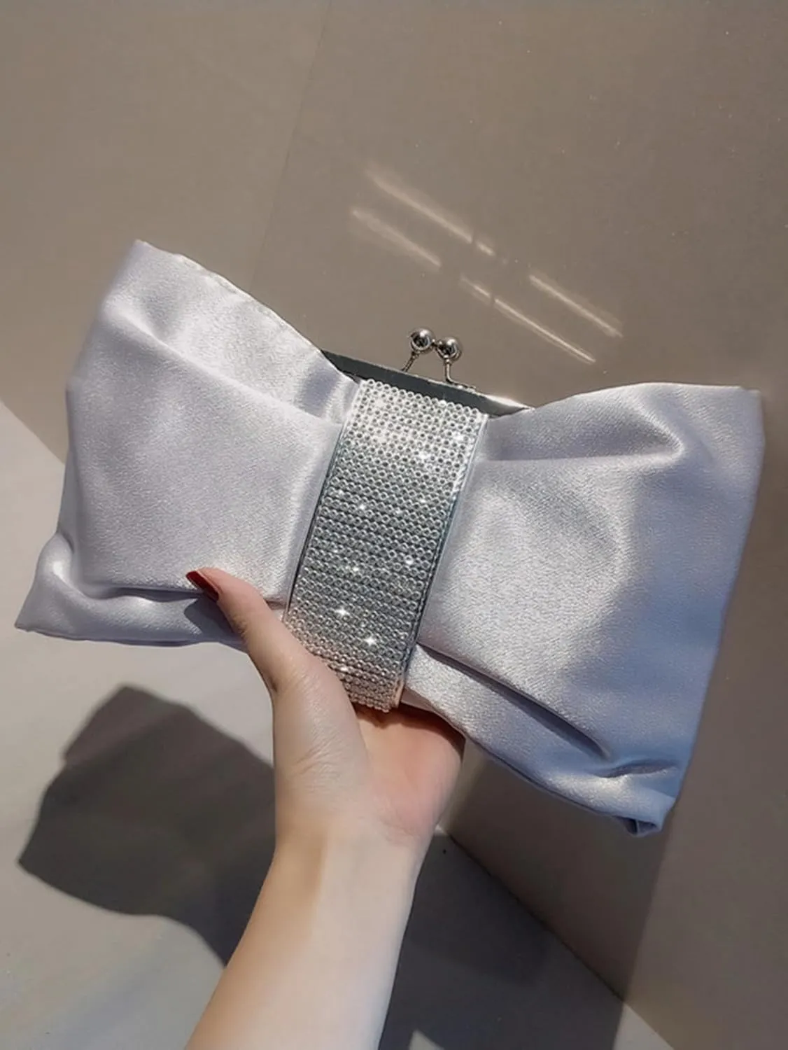Women's Rhinestone Evening Bag Satin Bow Purse Glitter Clutch Crystal Party Handbag with Chain
