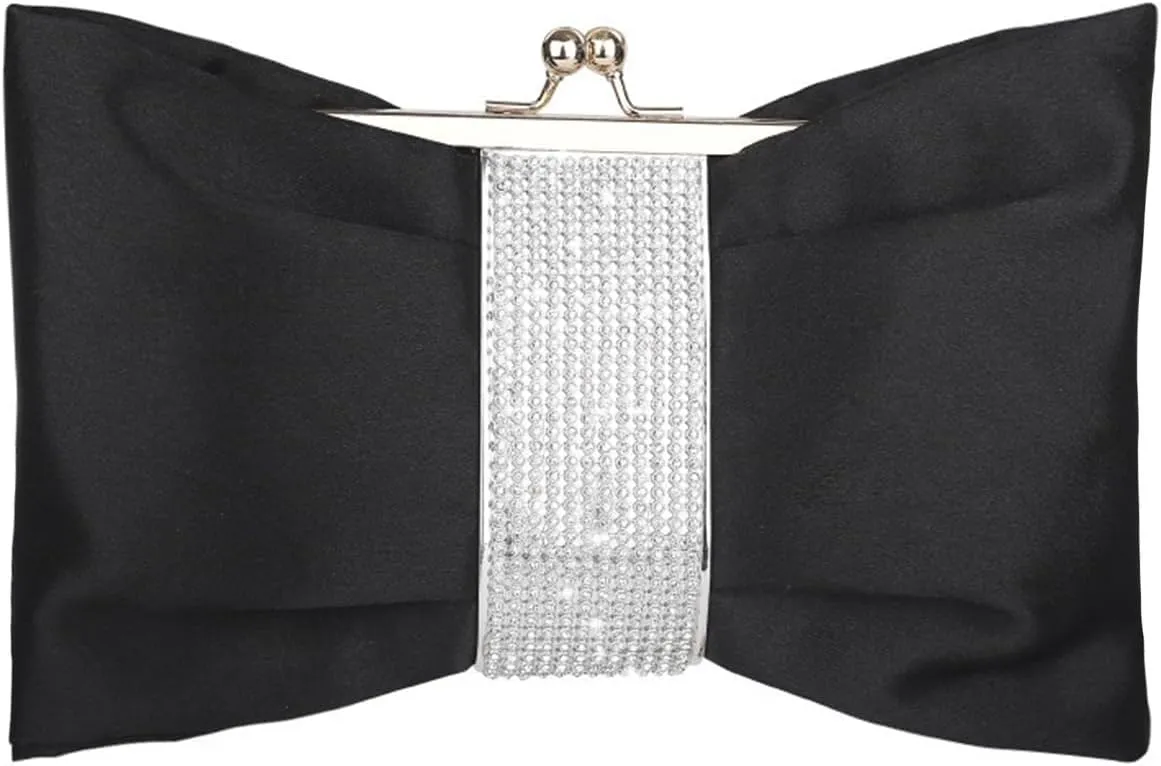 Women's Rhinestone Evening Bag Satin Bow Purse Glitter Clutch Crystal Party Handbag with Chain