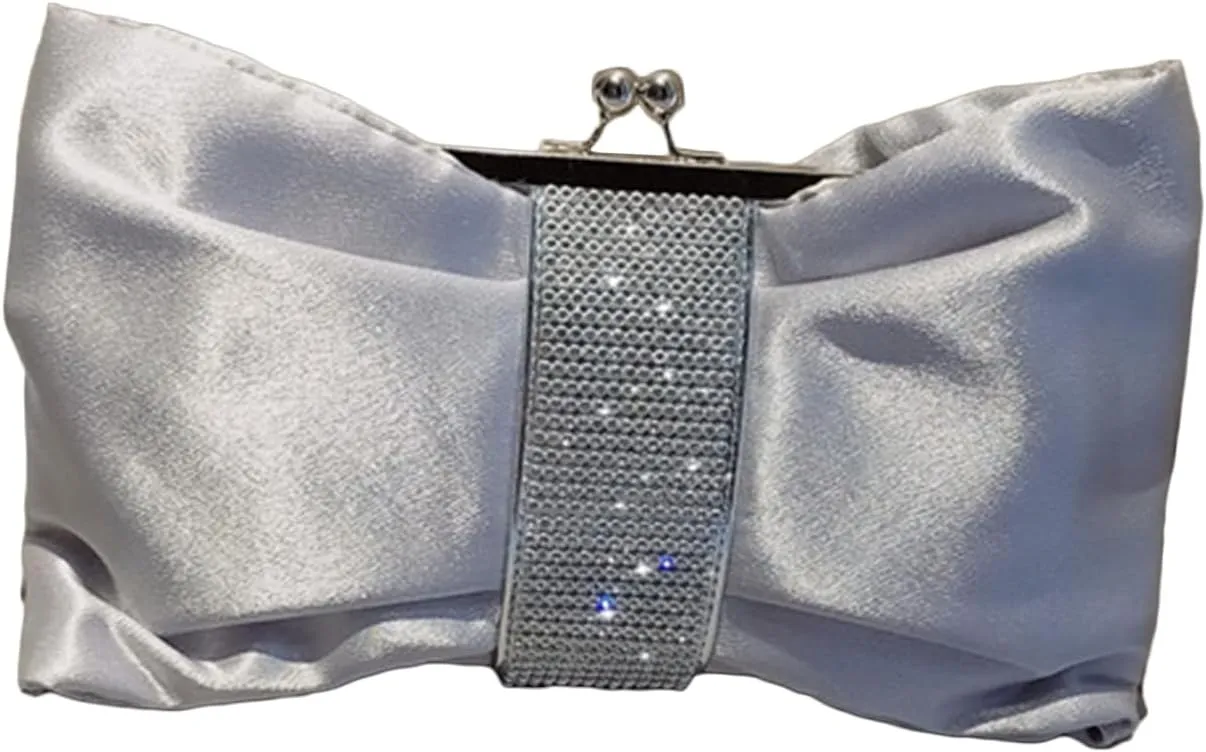 Women's Rhinestone Evening Bag Satin Bow Purse Glitter Clutch Crystal Party Handbag with Chain