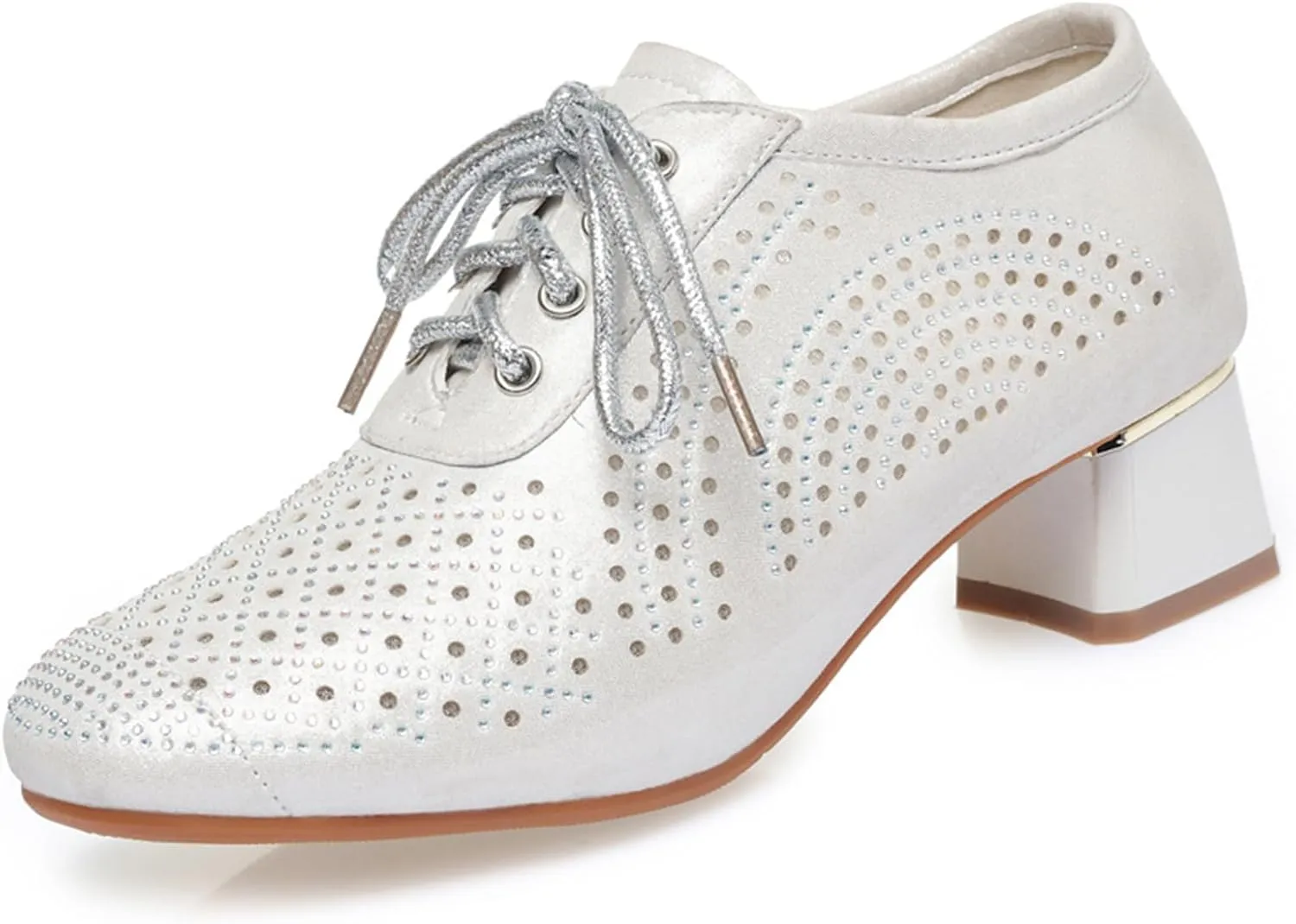 Womens Rhinestone Leather Chunky Heels Oxfords Fashion Pointed Toe Low Block Heel Cutout Lace Up Dress Pumps for Everyday Party Evening Night Dates