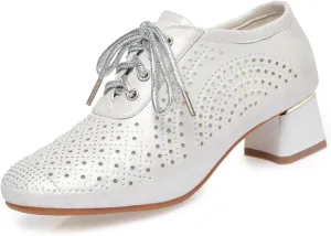 Womens Rhinestone Leather Chunky Heels Oxfords Fashion Pointed Toe Low Block Heel Cutout Lace Up Dress Pumps for Everyday Party Evening Night Dates