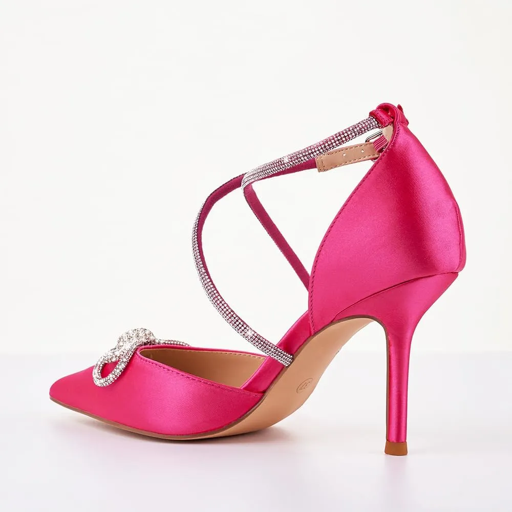 Women's Rhinstones Bow Heels Closed Toe Strappy Pumps Crisscross Kitten Sandals Wedding Bridal Party Dress Shoes