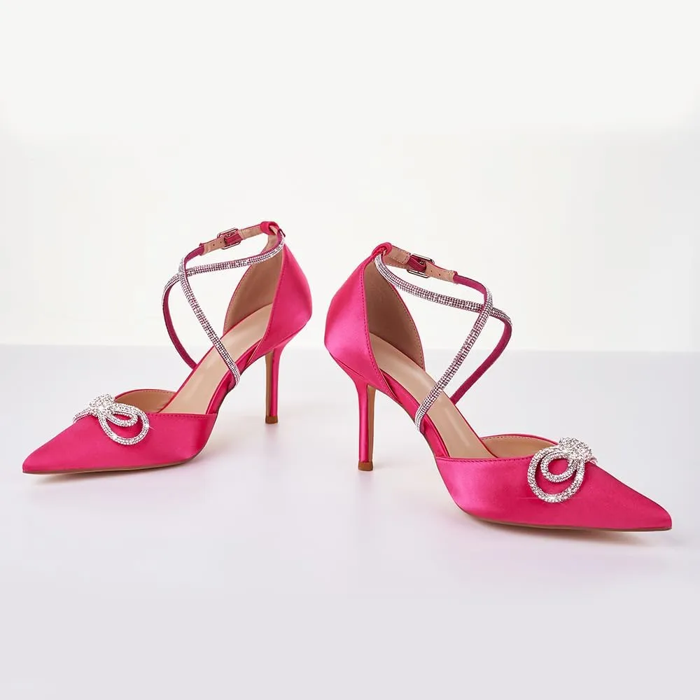 Women's Rhinstones Bow Heels Closed Toe Strappy Pumps Crisscross Kitten Sandals Wedding Bridal Party Dress Shoes