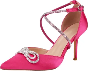 Women's Rhinstones Bow Heels Closed Toe Strappy Pumps Crisscross Kitten Sandals Wedding Bridal Party Dress Shoes