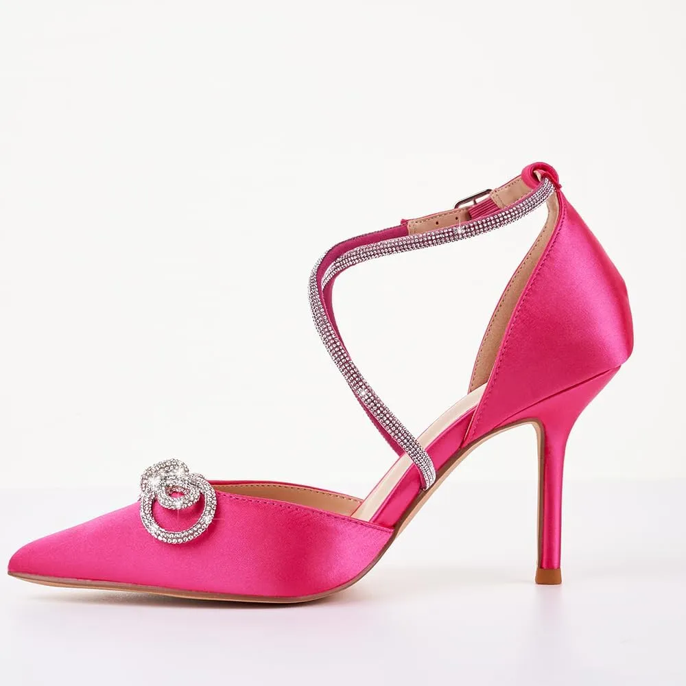 Women's Rhinstones Bow Heels Closed Toe Strappy Pumps Crisscross Kitten Sandals Wedding Bridal Party Dress Shoes
