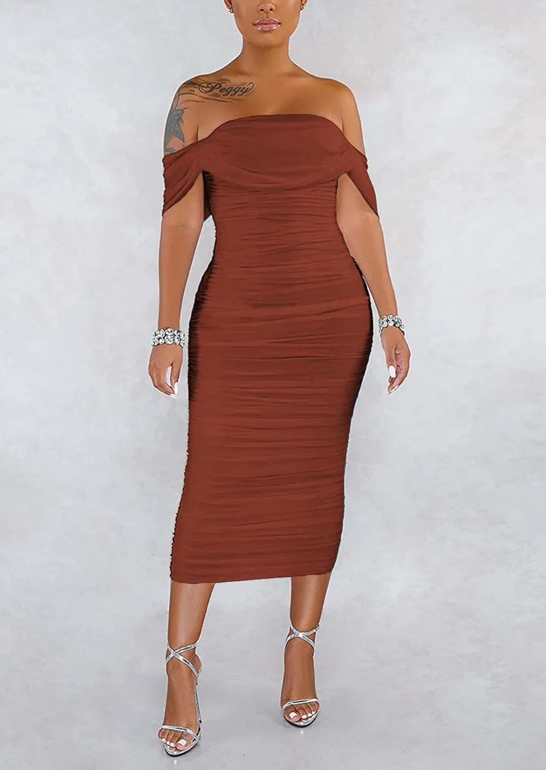 Women's Sexy Off Shoulder Sleeveless Bodycon Ruched Midi Elegant Cocktail Evening Party Night Tube Dresses