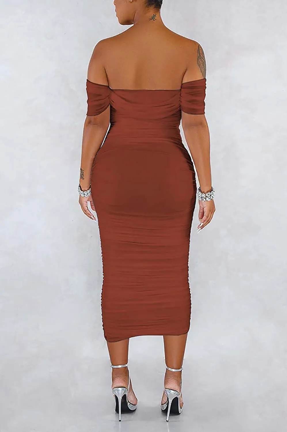 Women's Sexy Off Shoulder Sleeveless Bodycon Ruched Midi Elegant Cocktail Evening Party Night Tube Dresses