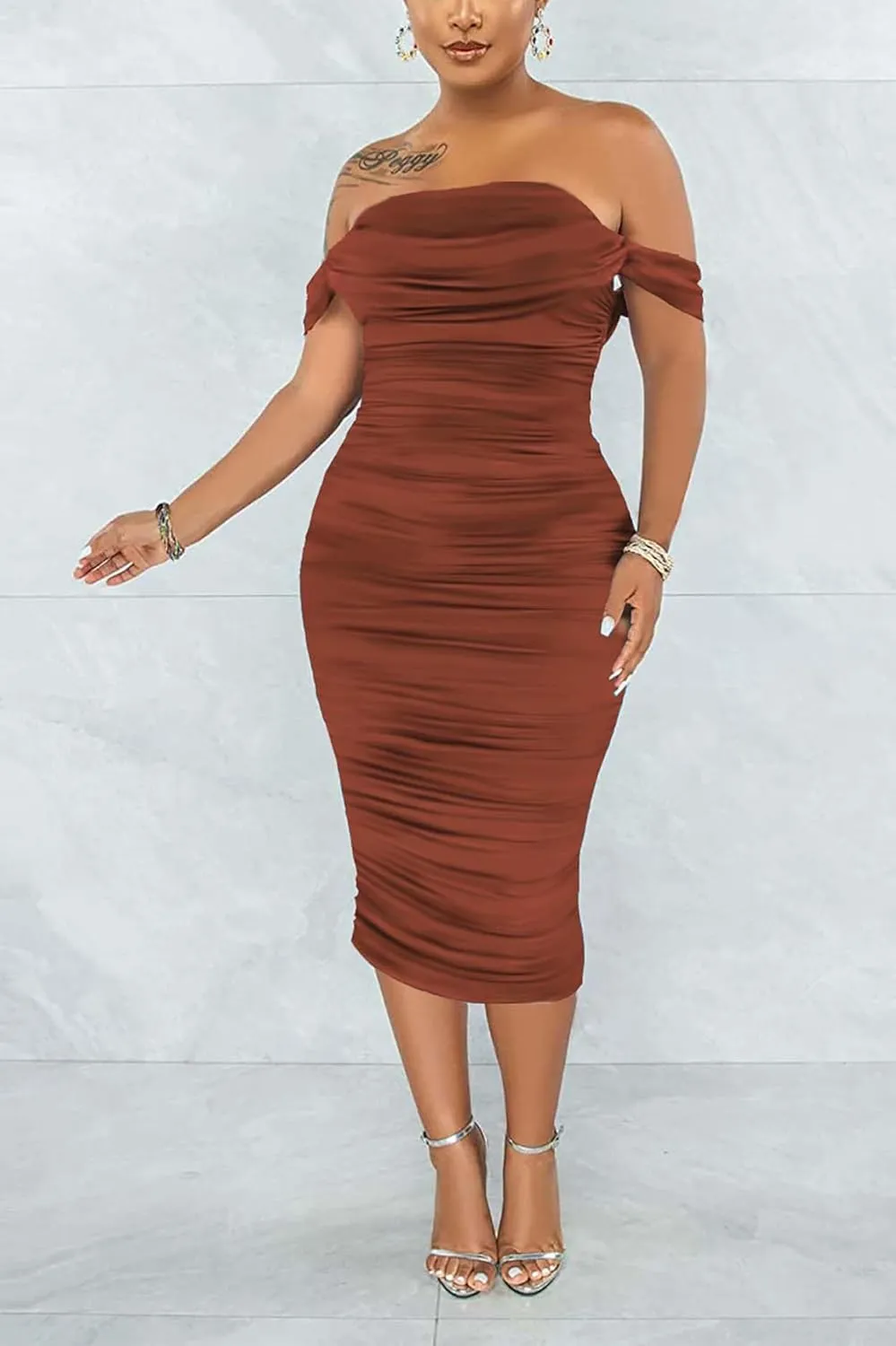 Women's Sexy Off Shoulder Sleeveless Bodycon Ruched Midi Elegant Cocktail Evening Party Night Tube Dresses
