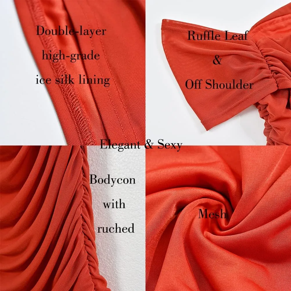 Women's Sexy Off Shoulder Sleeveless Bodycon Ruched Midi Elegant Cocktail Evening Party Night Tube Dresses