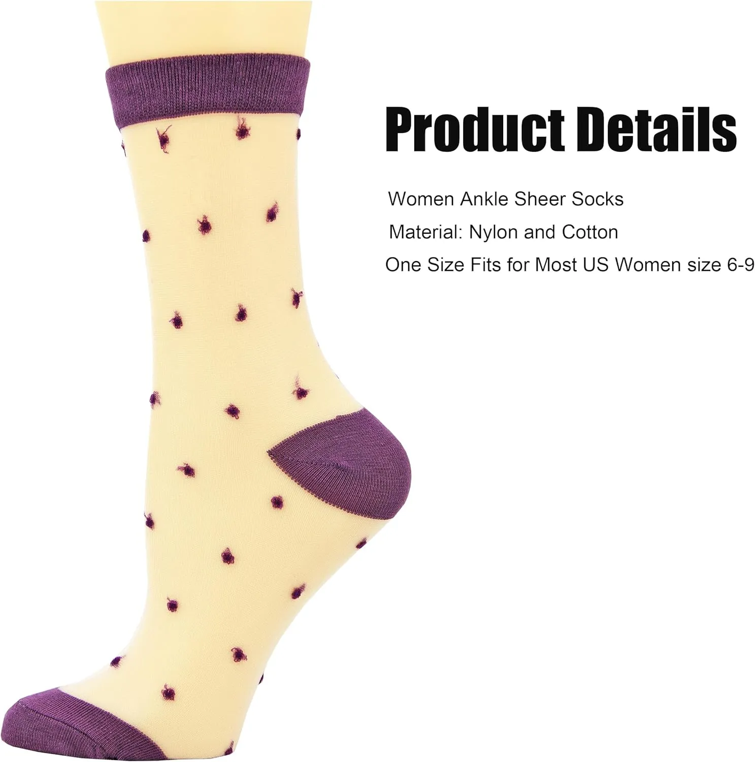 Womens Sheer Socks, Summer Transparent Thin Vintage Flower/Polka Dot Mesh Lace Elastic Jacquard Crystal Glass Socks