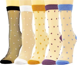 Womens Sheer Socks, Summer Transparent Thin Vintage Flower/Polka Dot Mesh Lace Elastic Jacquard Crystal Glass Socks