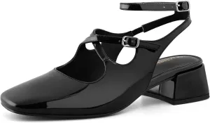 Womens Slingback Mary Jane Heels Square Toe Chunky Low Heel Ankle Strap Pumps Wedding Party Dress Shoes