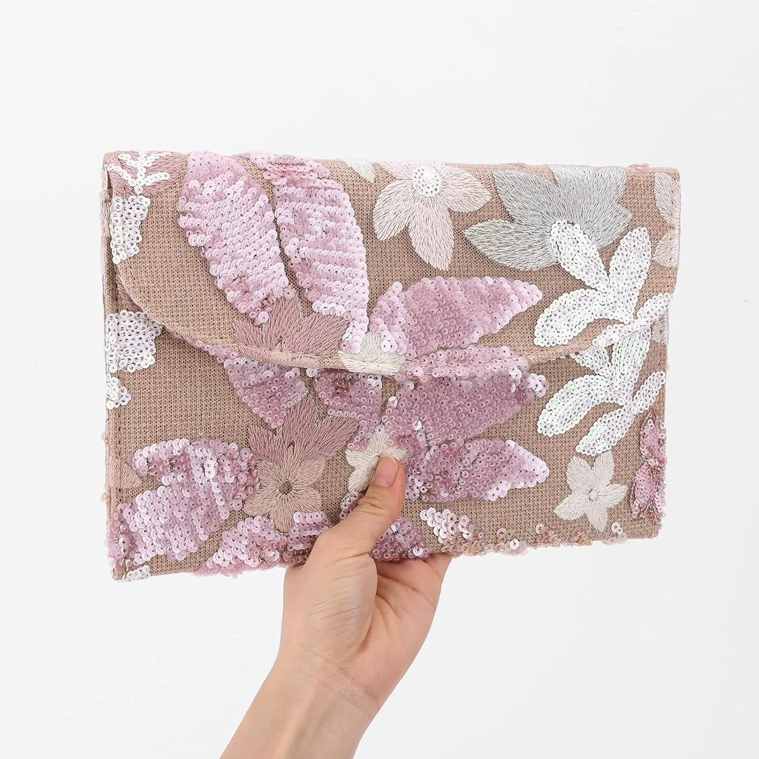 Women’s Straw Clutch Bag with Floral Embroidery and Sequins Elegant Evening Purse for Wedding Travel