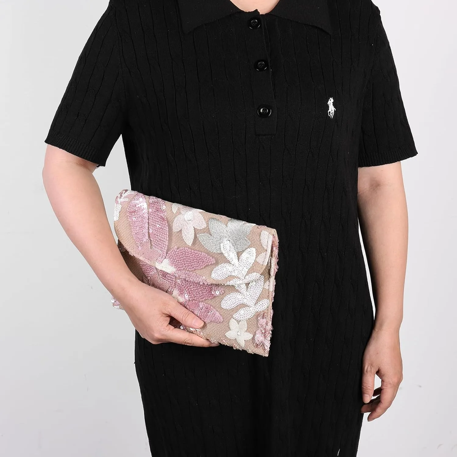 Women’s Straw Clutch Bag with Floral Embroidery and Sequins Elegant Evening Purse for Wedding Travel