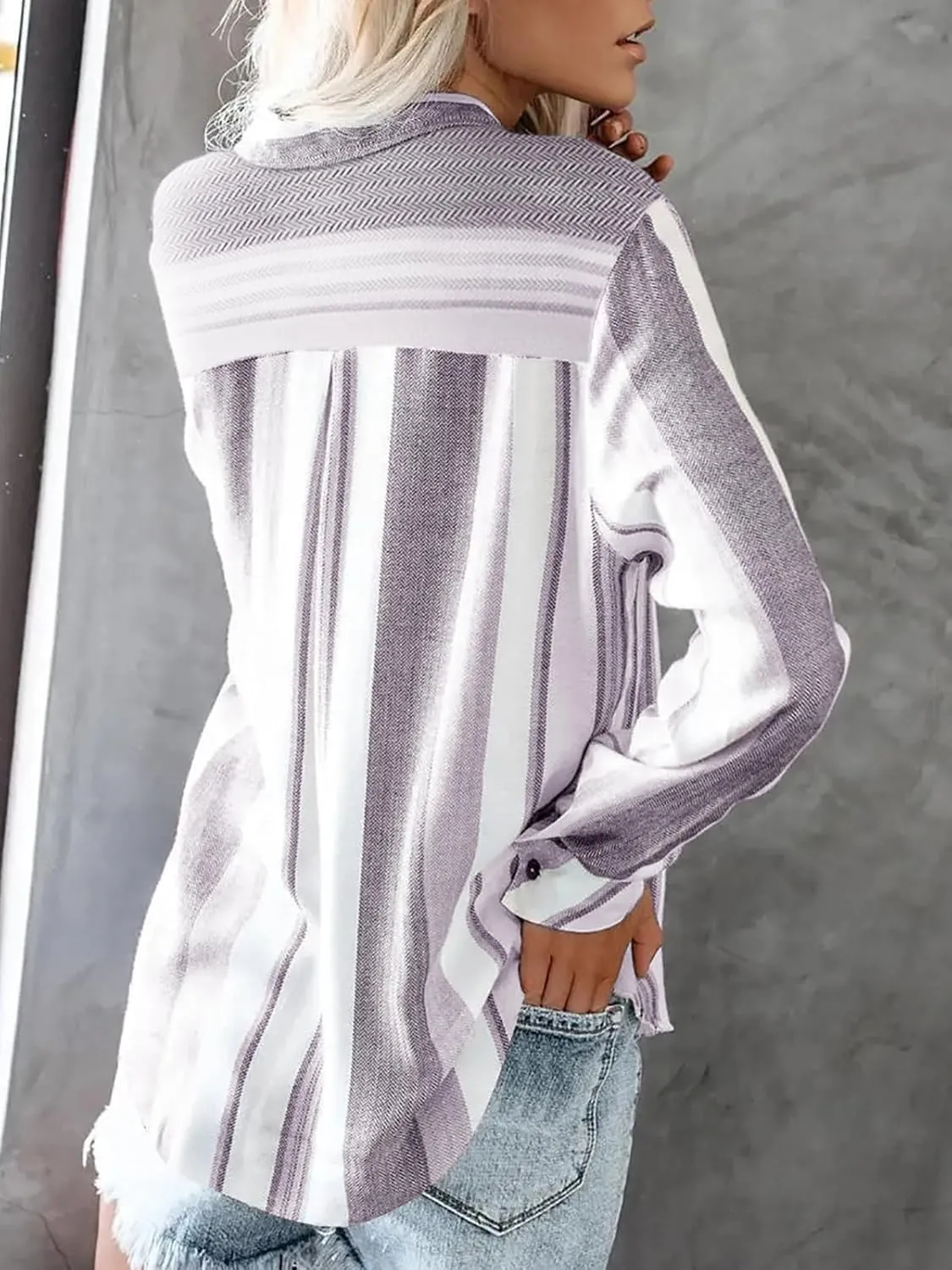Women's Striped Button Down Shirts Linen Shirts Long Sleeve Collared Blouses Boyfriends Loose Tunics Tops