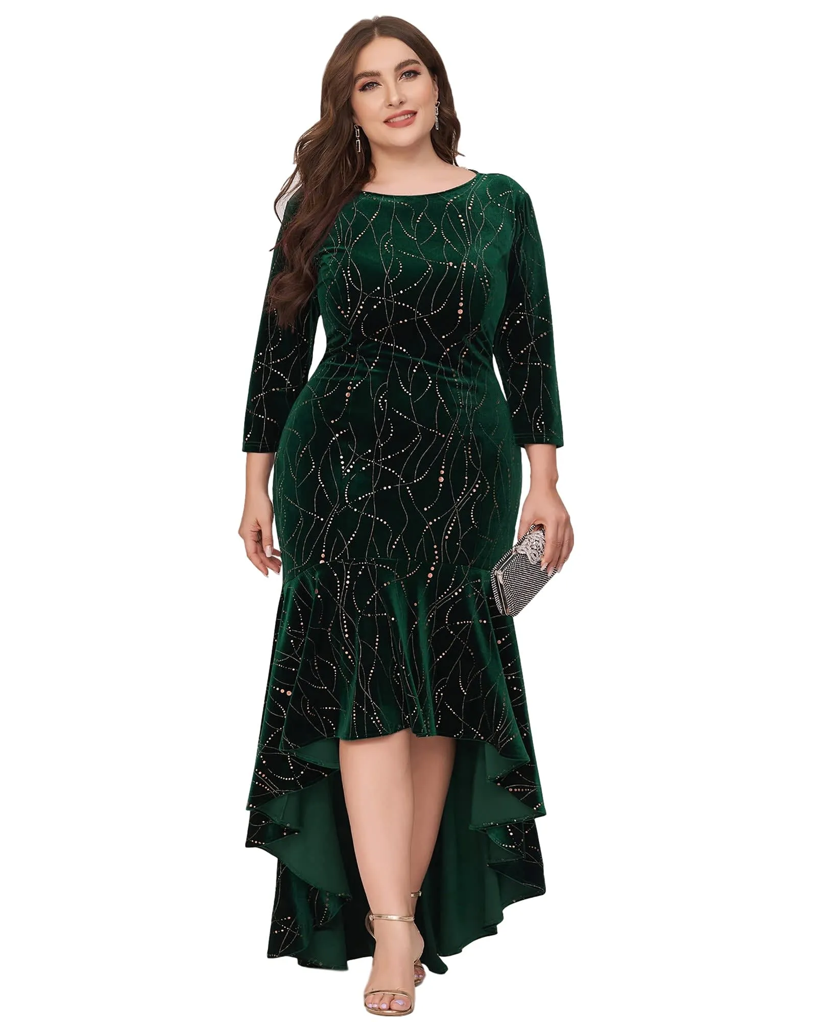 Women's Stylish Bodycon High-Low Velvet Party Dress | Dark Green