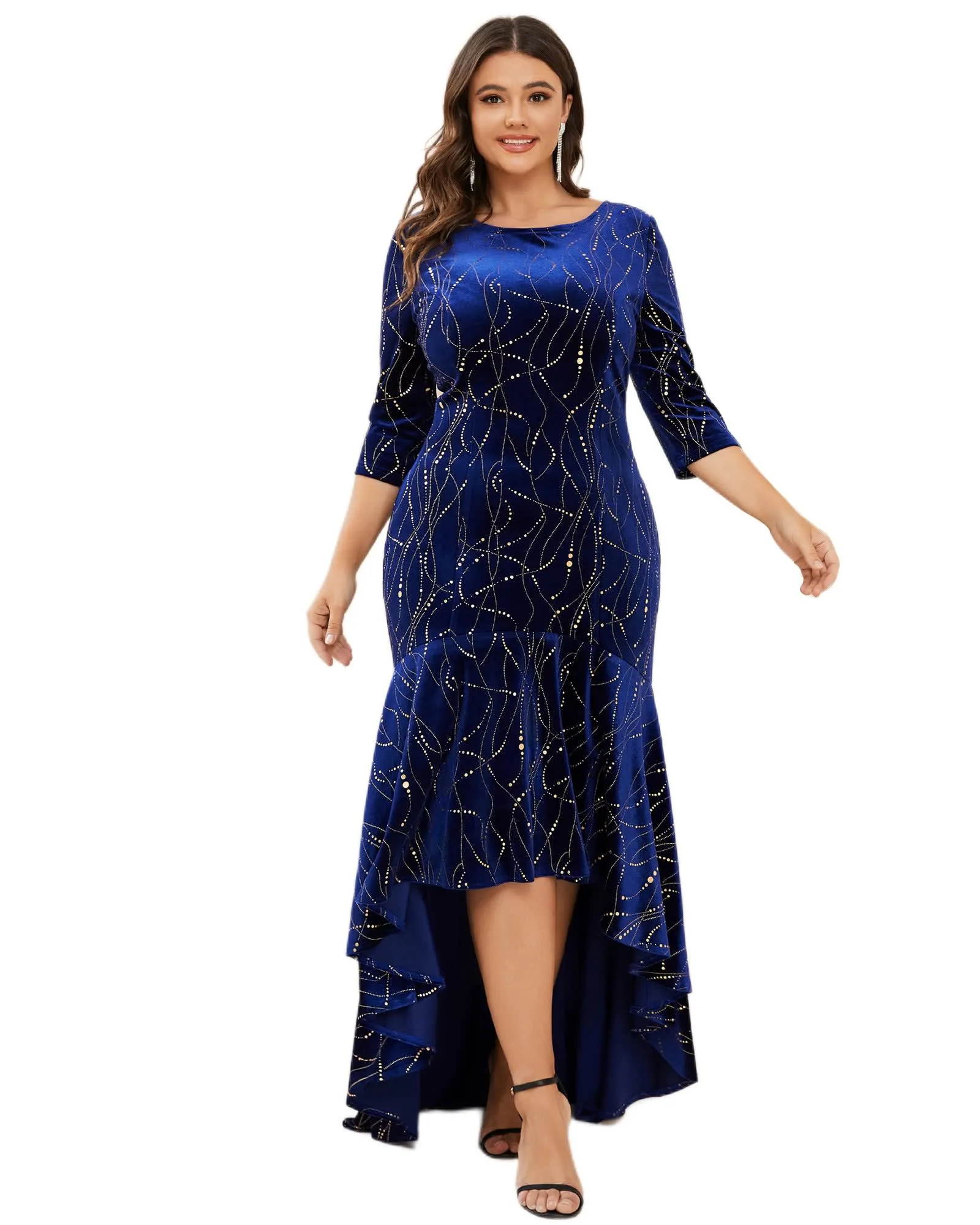 Women's Stylish Bodycon High-Low Velvet Party Dress | Royal Blue