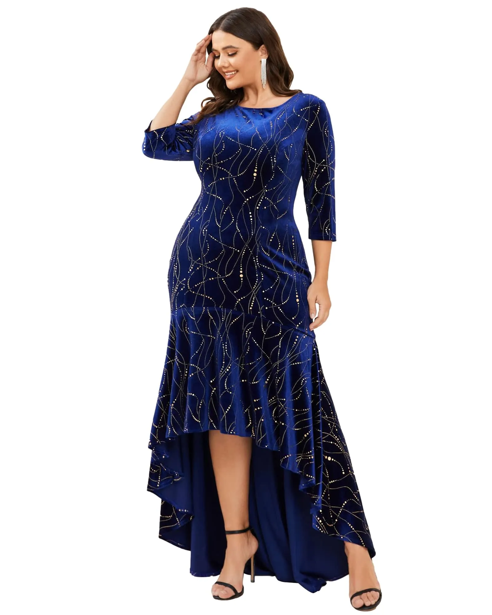 Women's Stylish Bodycon High-Low Velvet Party Dress | Royal Blue