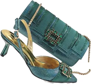 Women’S Stylish Italian Shoe and Bag Set with Charm Decorations PU Soft Leather Pumps Peep Toe Thin Heels for Evening Party