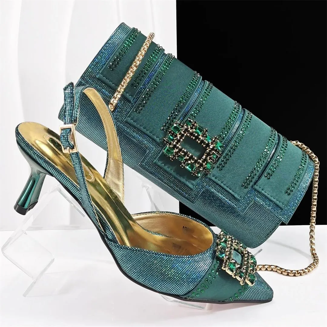 Women’S Stylish Italian Shoe and Bag Set with Charm Decorations PU Soft Leather Pumps Peep Toe Thin Heels for Evening Party