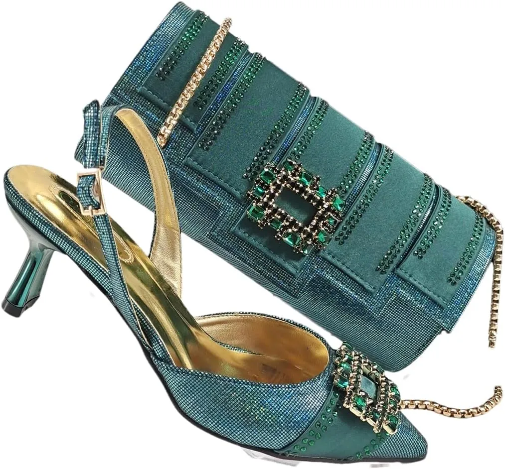 Women’S Stylish Italian Shoe and Bag Set with Charm Decorations PU Soft Leather Pumps Peep Toe Thin Heels for Evening Party
