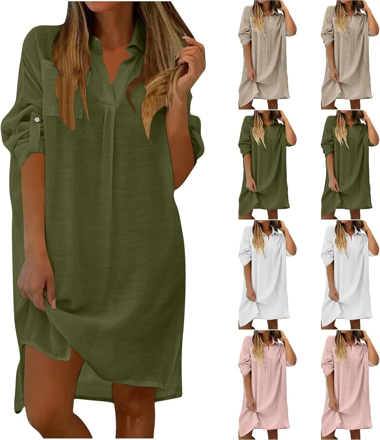 Women's Summer V Neck Shirt Dress Loose Casual Rolled Sleeve Lapel Collar A-Line Midi Shift Tunic Dresses Beach Cover Up