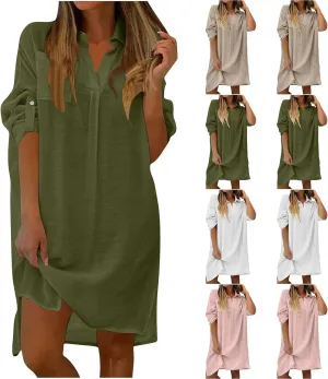 Women's Summer V Neck Shirt Dress Loose Casual Rolled Sleeve Lapel Collar A-Line Midi Shift Tunic Dresses Beach Cover Up