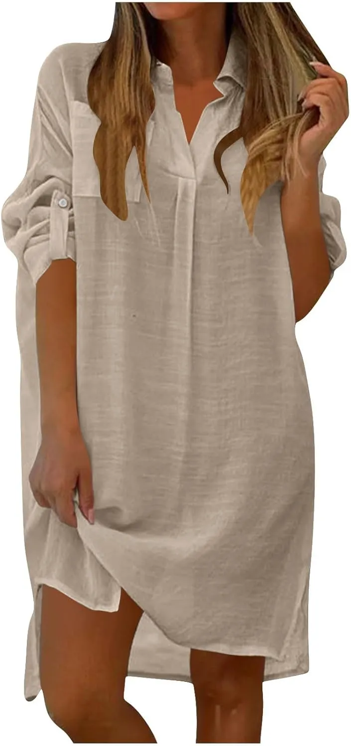 Women's Summer V Neck Shirt Dress Loose Casual Rolled Sleeve Lapel Collar A-Line Midi Shift Tunic Dresses Beach Cover Up