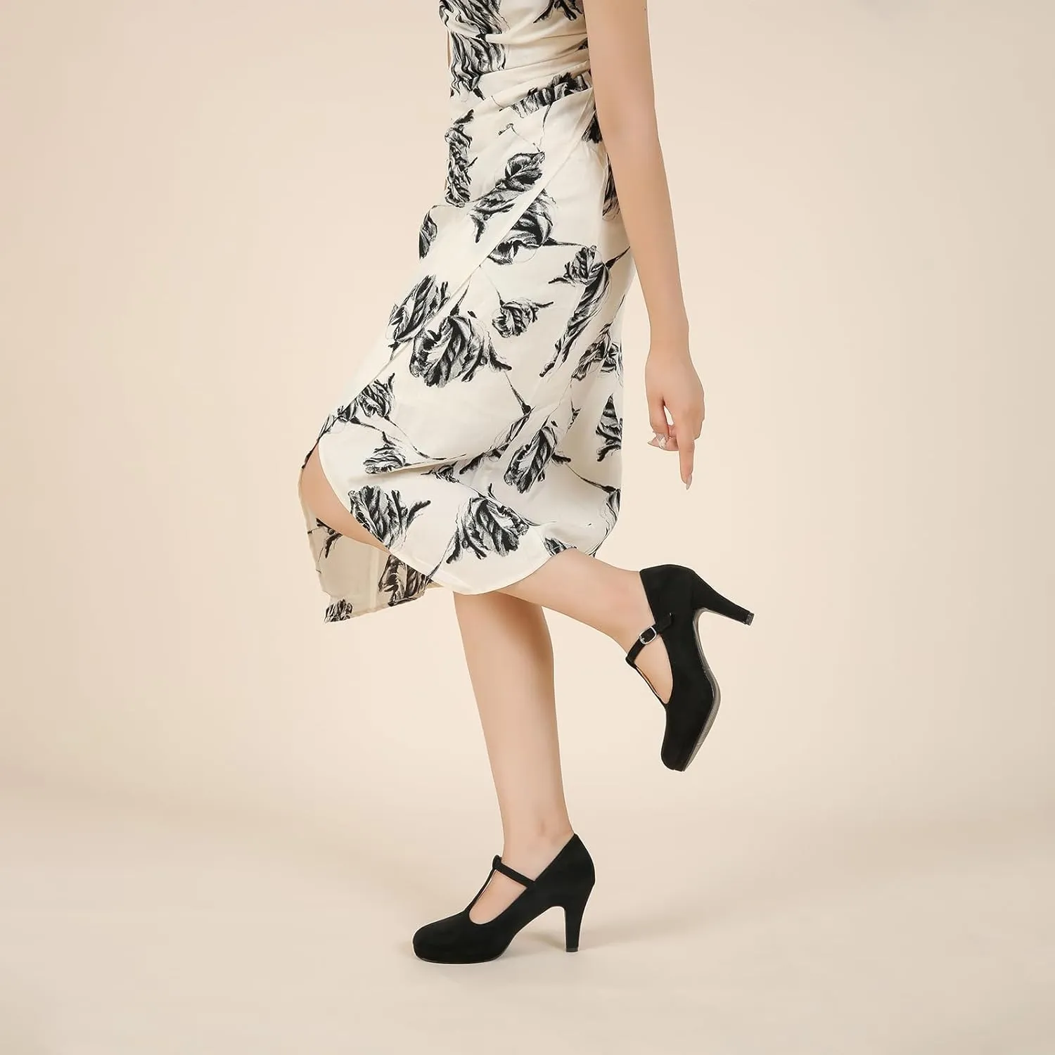 Womens T Strap High Heels Close Toe Classic Round Toe Shoes Comfortable Low Platform Ankle Strap Mary Jane Dress Pumps