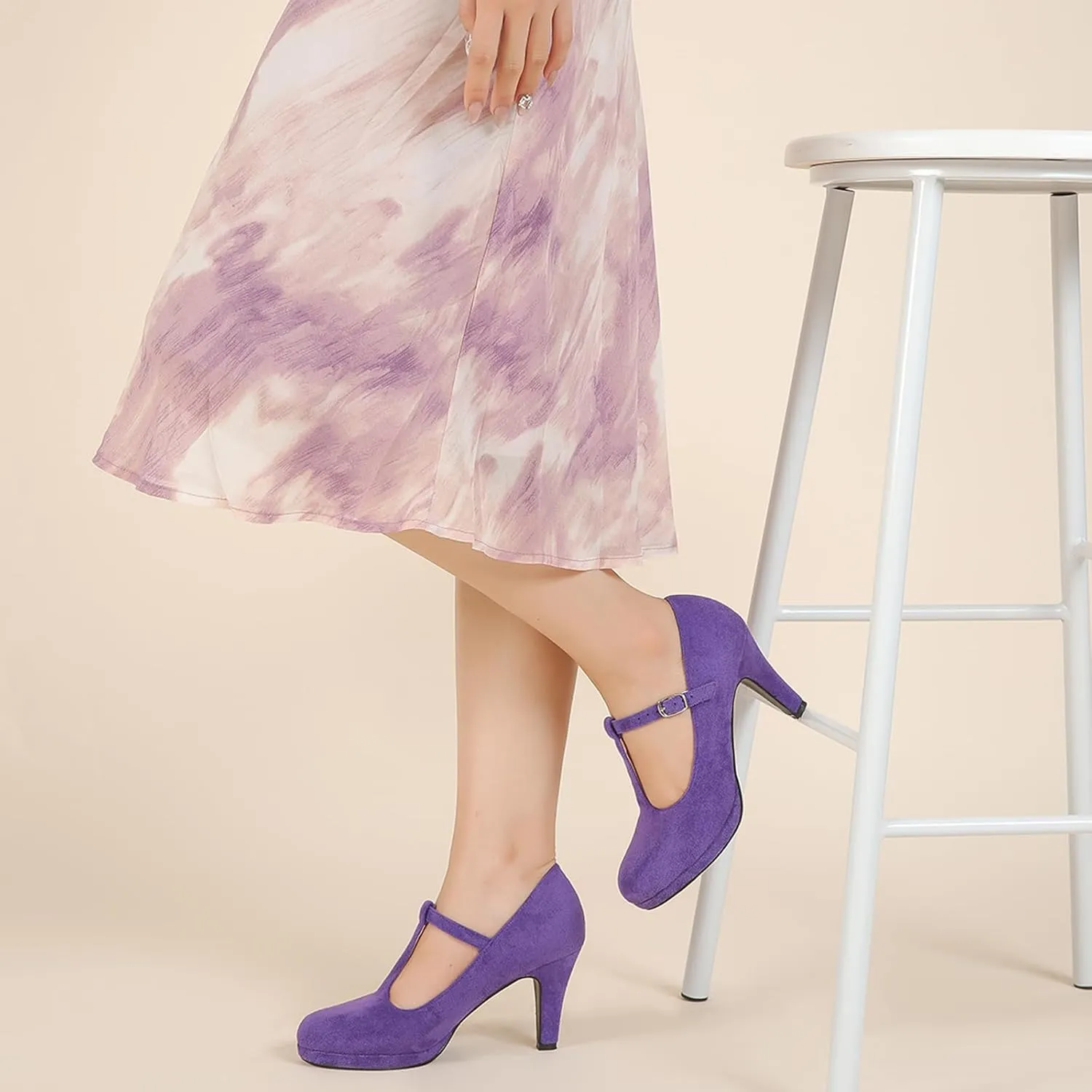 Womens T Strap High Heels Close Toe Classic Round Toe Shoes Comfortable Low Platform Ankle Strap Mary Jane Dress Pumps