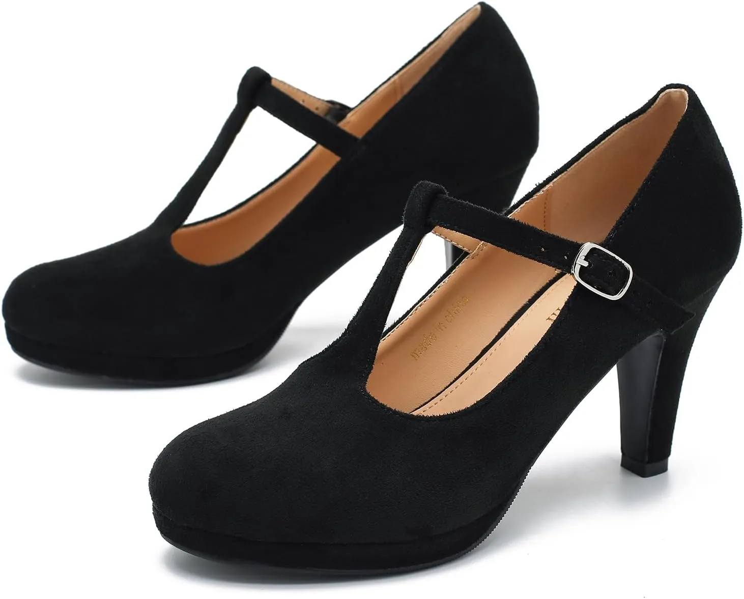 Womens T Strap High Heels Close Toe Classic Round Toe Shoes Comfortable Low Platform Ankle Strap Mary Jane Dress Pumps