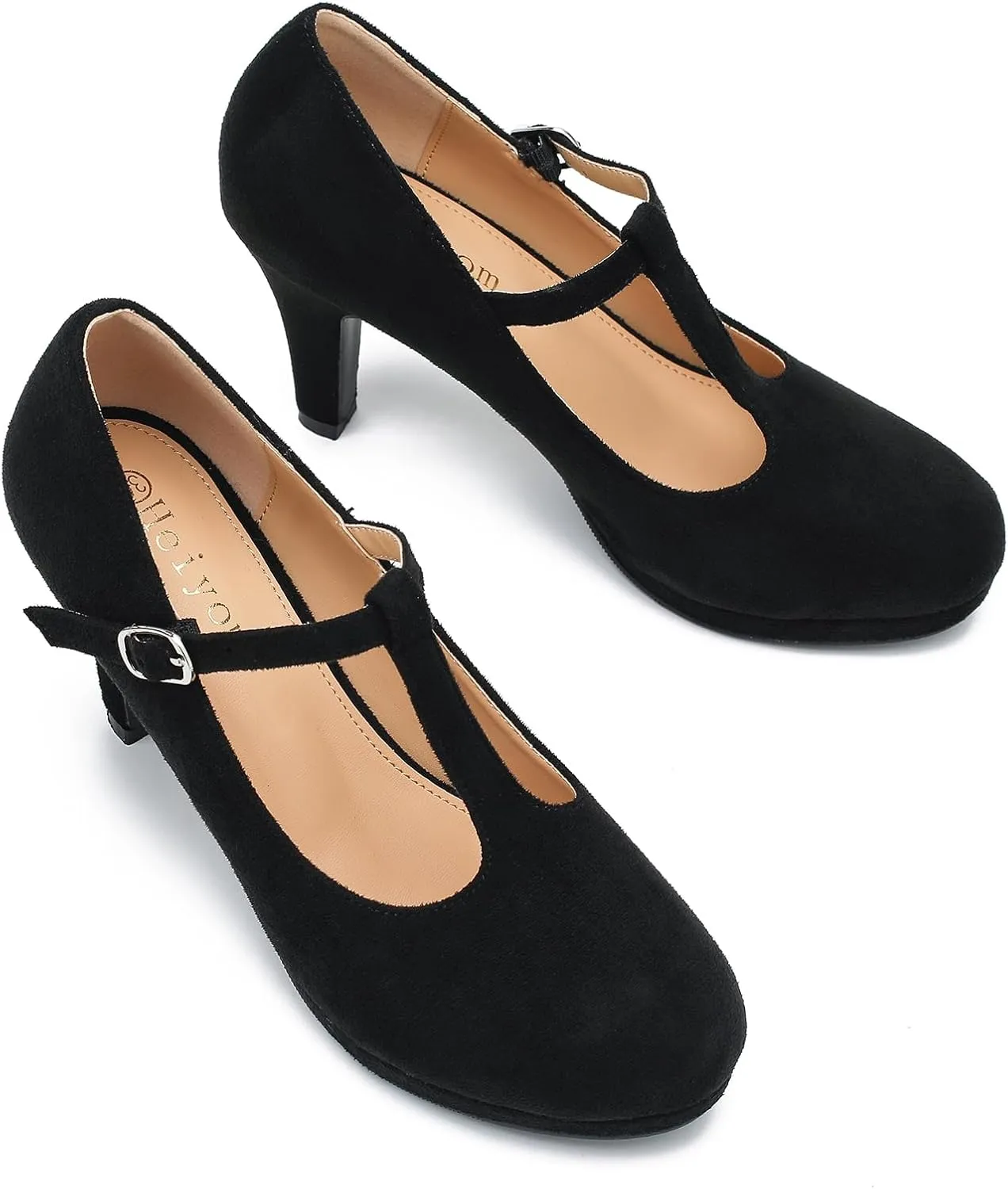 Womens T Strap High Heels Close Toe Classic Round Toe Shoes Comfortable Low Platform Ankle Strap Mary Jane Dress Pumps