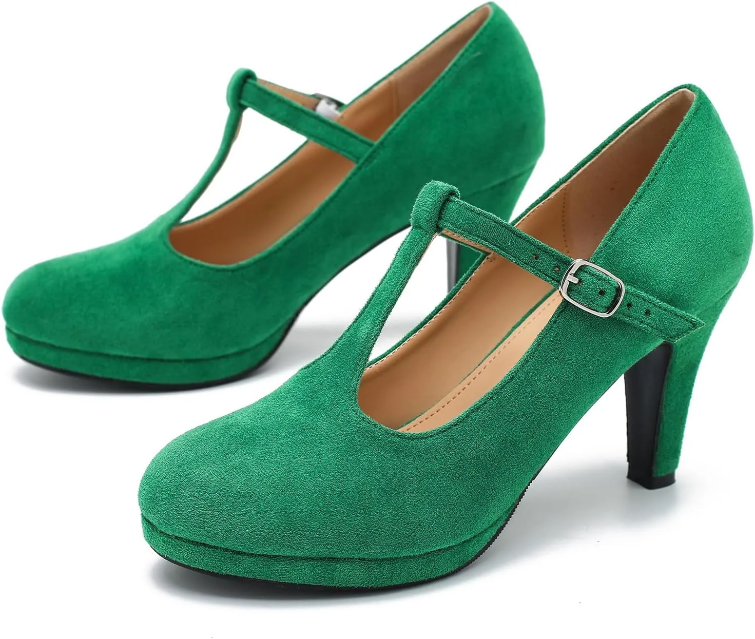 Womens T Strap High Heels Close Toe Classic Round Toe Shoes Comfortable Low Platform Ankle Strap Mary Jane Dress Pumps