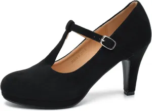 Womens T Strap High Heels Close Toe Classic Round Toe Shoes Comfortable Low Platform Ankle Strap Mary Jane Dress Pumps