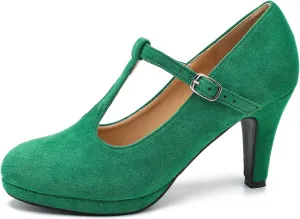 Womens T Strap High Heels Close Toe Classic Round Toe Shoes Comfortable Low Platform Ankle Strap Mary Jane Dress Pumps