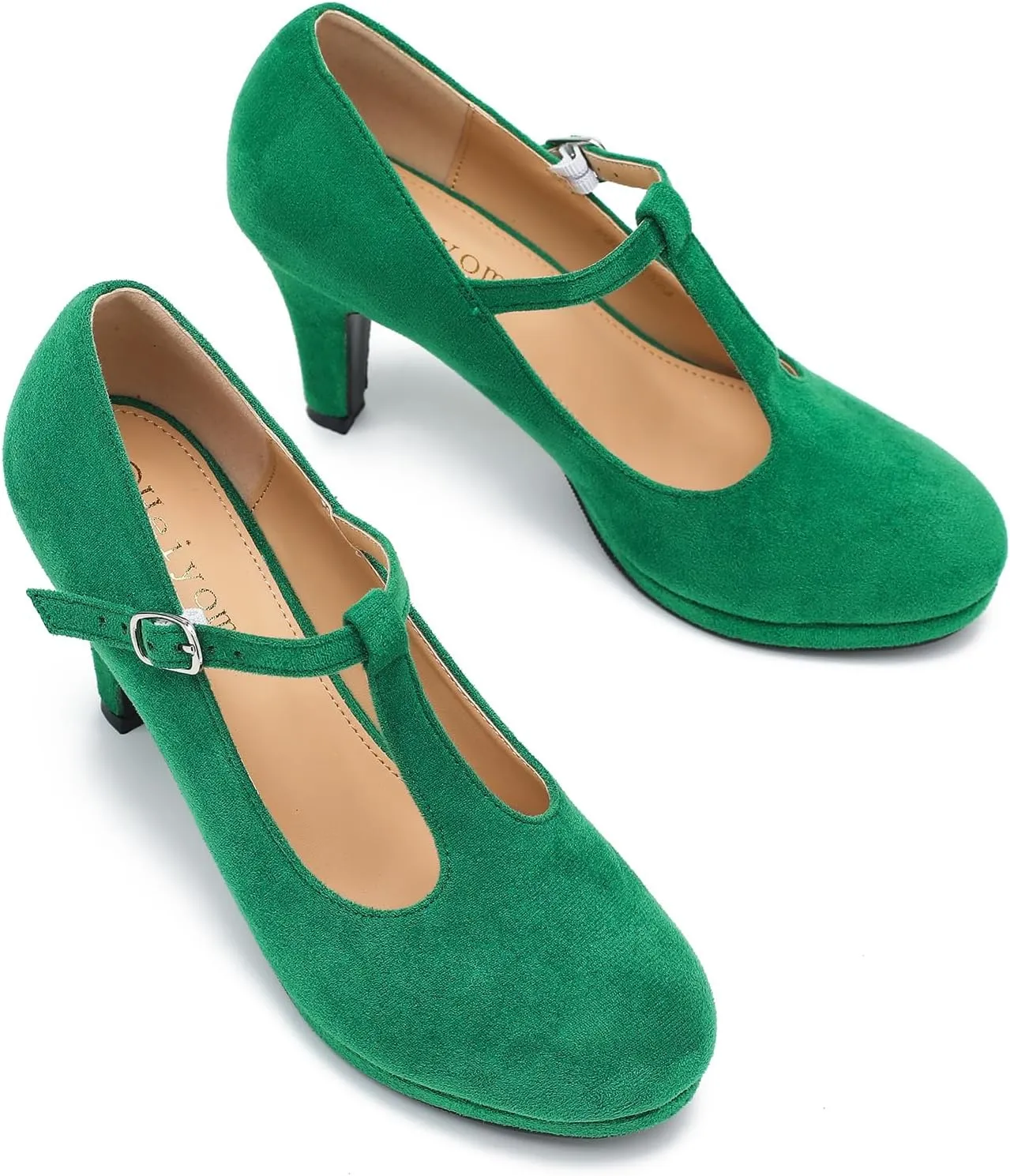 Womens T Strap High Heels Close Toe Classic Round Toe Shoes Comfortable Low Platform Ankle Strap Mary Jane Dress Pumps