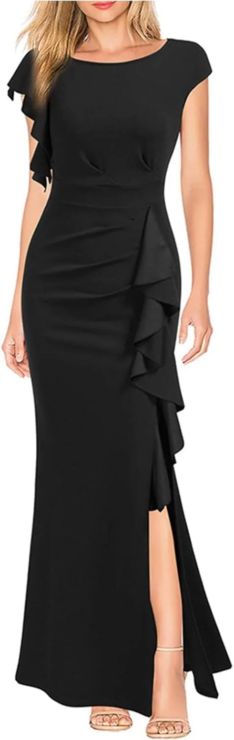 Women's Teal Ruffle Sleeve Maxi Dress with Side Slit Elegant Formal Gown for Evening Events Weddings Special Occasions