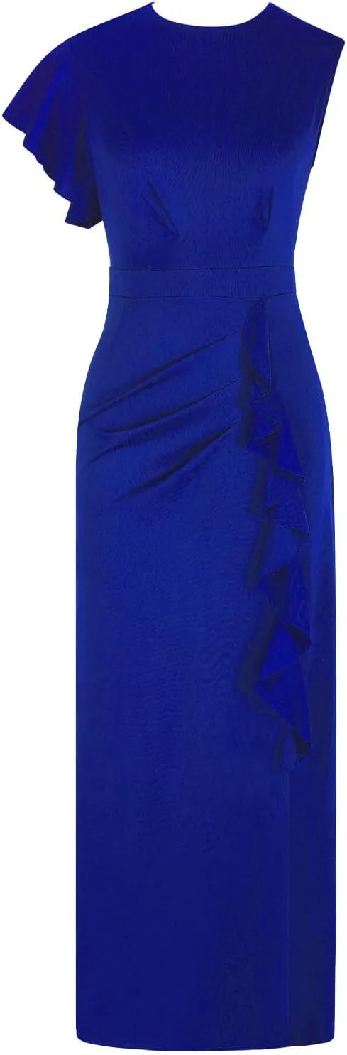 Women's Teal Ruffle Sleeve Maxi Dress with Side Slit Elegant Formal Gown for Evening Events Weddings Special Occasions