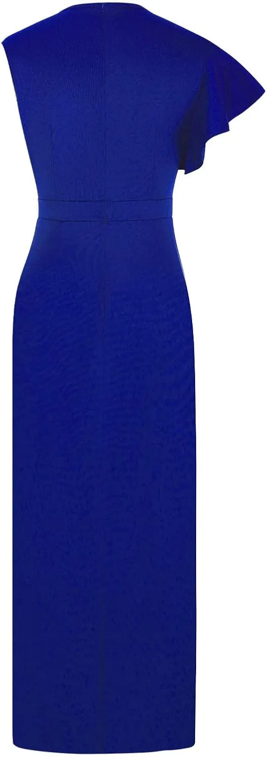 Women's Teal Ruffle Sleeve Maxi Dress with Side Slit Elegant Formal Gown for Evening Events Weddings Special Occasions