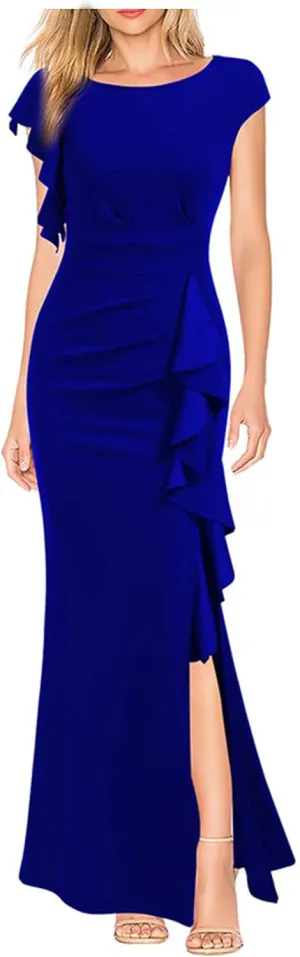 Women's Teal Ruffle Sleeve Maxi Dress with Side Slit Elegant Formal Gown for Evening Events Weddings Special Occasions