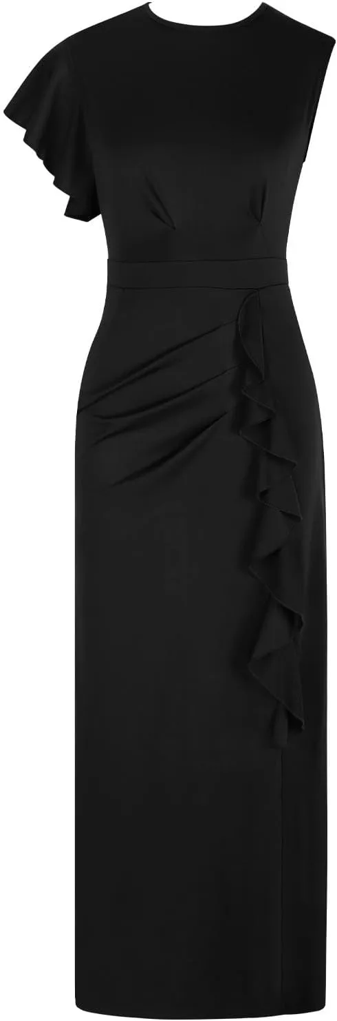 Women's Teal Ruffle Sleeve Maxi Dress with Side Slit Elegant Formal Gown for Evening Events Weddings Special Occasions