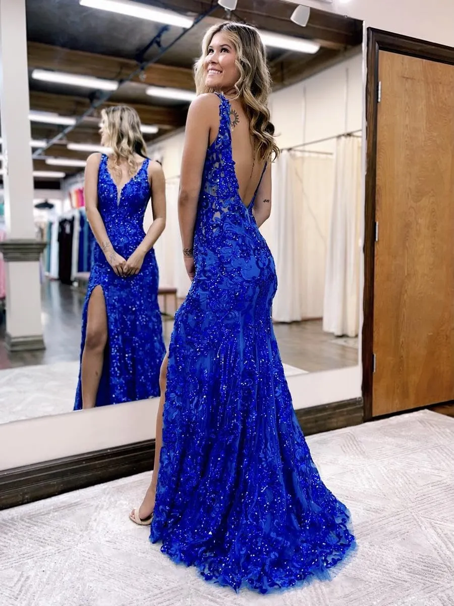Women's V Neck Mermaid Sparkly Sequin Prom Dresses Backless Long Formal Evening Gowns with Slit