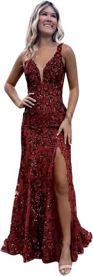 Women's V Neck Mermaid Sparkly Sequin Prom Dresses Backless Long Formal Evening Gowns with Slit