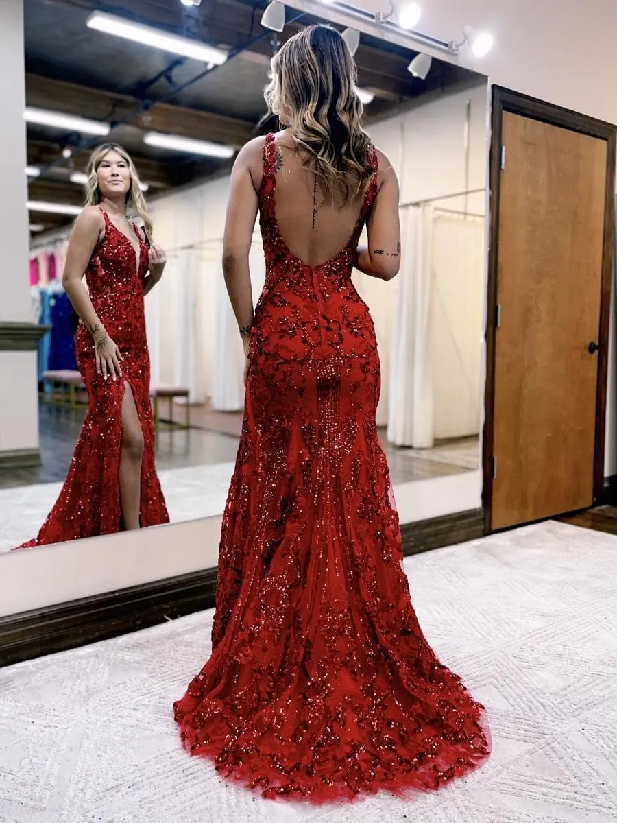 Women's V Neck Mermaid Sparkly Sequin Prom Dresses Backless Long Formal Evening Gowns with Slit