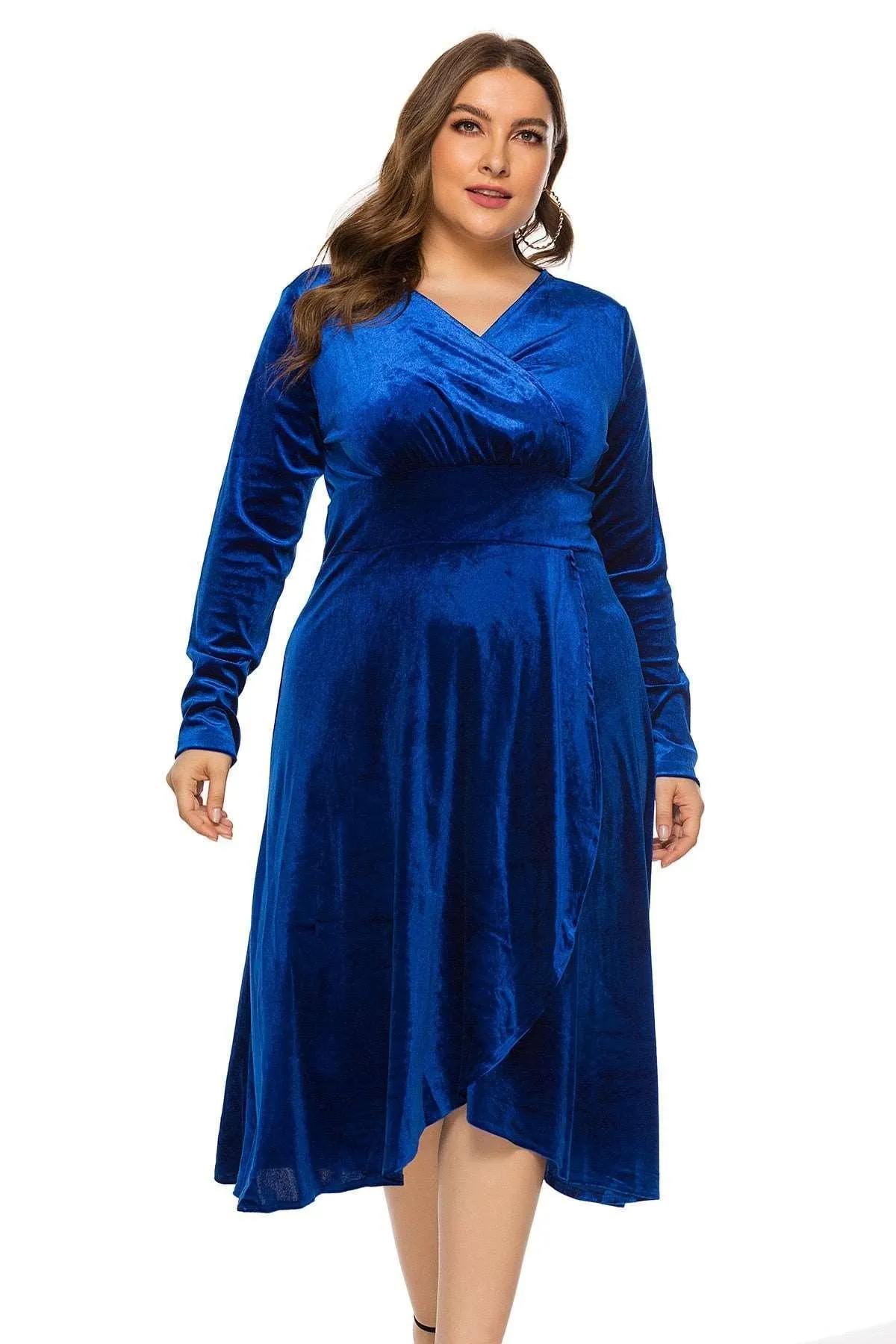 Women's Velvet Midi Dress Mid-Calf V-Neck